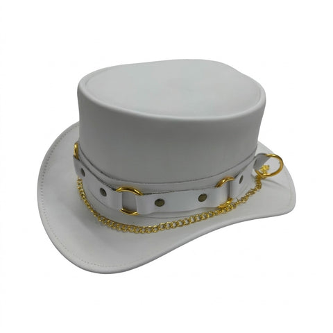 Gothic Steampunk White Leather Top Hat with Gold Chain &amp; D-Ring Band