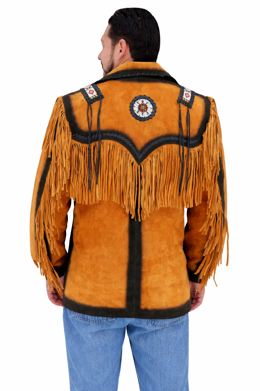Men’s Suede Fringe Jacket – Western Cowboy Beaded Ocher Style