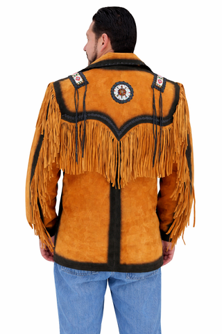 Men’s Suede Fringe Jacket – Western Cowboy Beaded Ocher Style