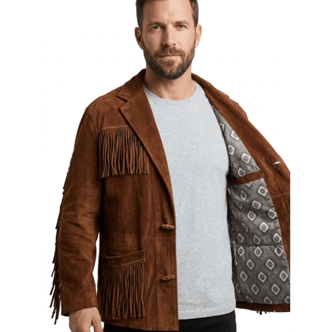 Mens Suede Fringe Jacket Western Cowboy Notched Lapel Vintage Frontier Button Coat