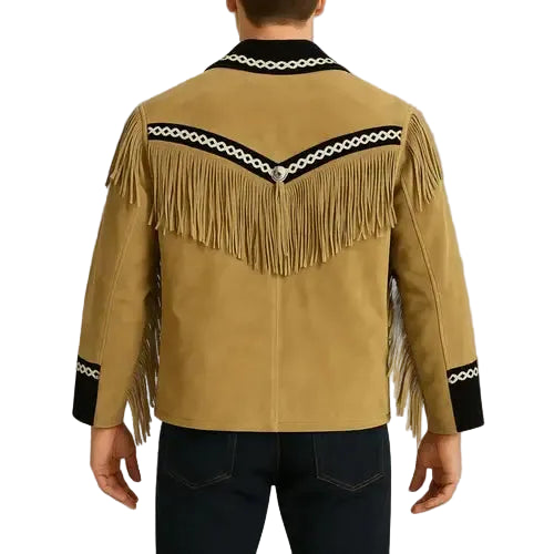 Mens Suede Fringe Jacket Western Cowboy Rockabilly Velvet Embroidered Coat Black