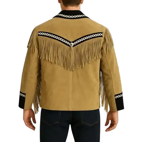 Mens Suede Fringe Jacket Western Cowboy Rockabilly Velvet Embroidered Coat Black