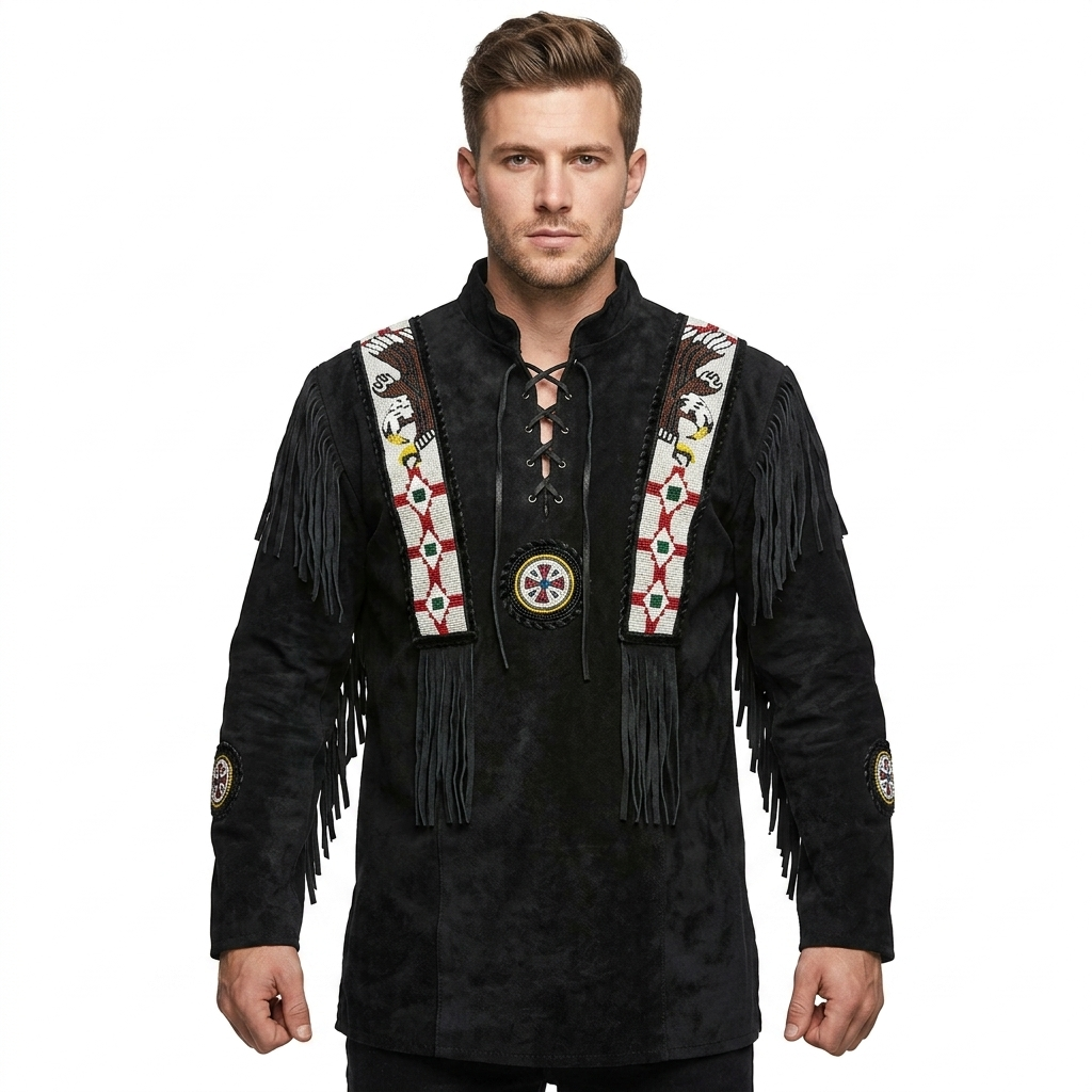 Men's Suede Mountain Man Shirt | Beaded Fringe Tunic