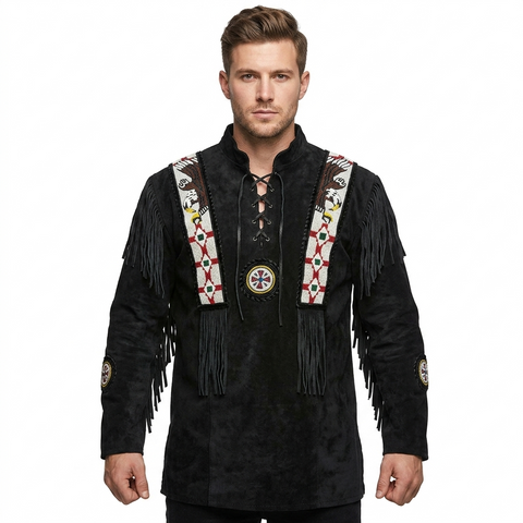 Men's Suede Mountain Man Shirt | Beaded Fringe Tunic
