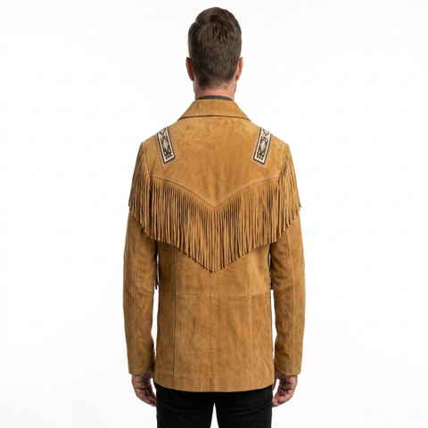 Men's Suede Western Fringe Jacket | Native Inspired Beaded Leather Coat