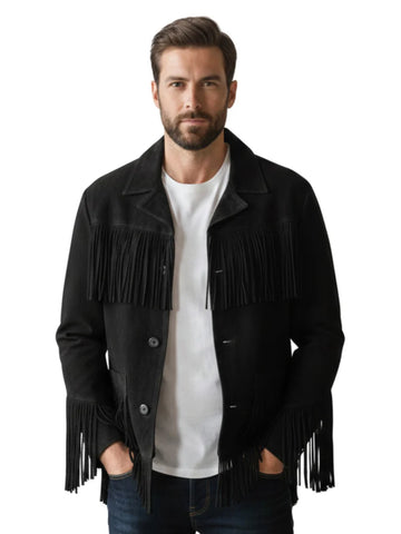 Mens Black Suede Fringe Jacket Western Tiered Cowboy Button Front Coat Style