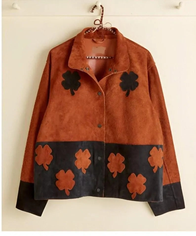 Vintage Suede Jacket with Clover Patchwork | Handmade Boho Statement Jacket