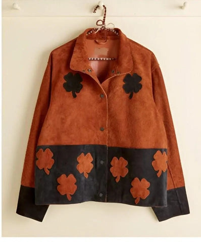 Vintage Suede Jacket with Clover Patchwork | Handmade Boho Statement Jacket