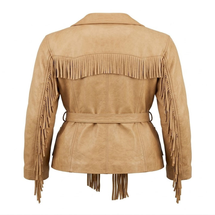 Western Fringe Tan Leather Jacket – Cowboy Style Belted Coat