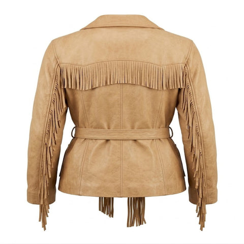 Western Fringe Tan Leather Jacket – Cowboy Style Belted Coat