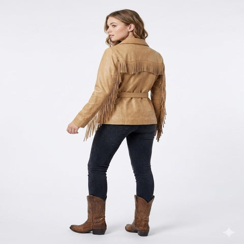 Western Fringe Tan Leather Jacket – Cowboy Style Belted Coat