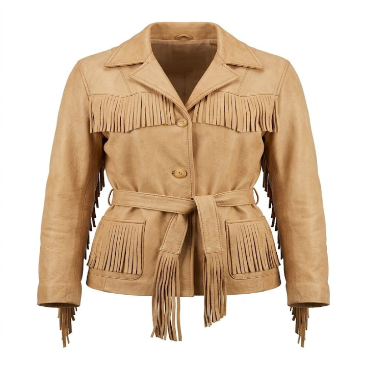 Western Fringe Tan Leather Jacket – Cowboy Style Belted Coat