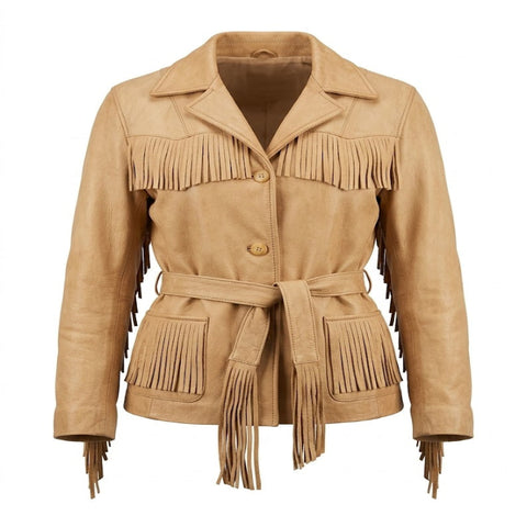 Western Fringe Tan Leather Jacket – Cowboy Style Belted Coat