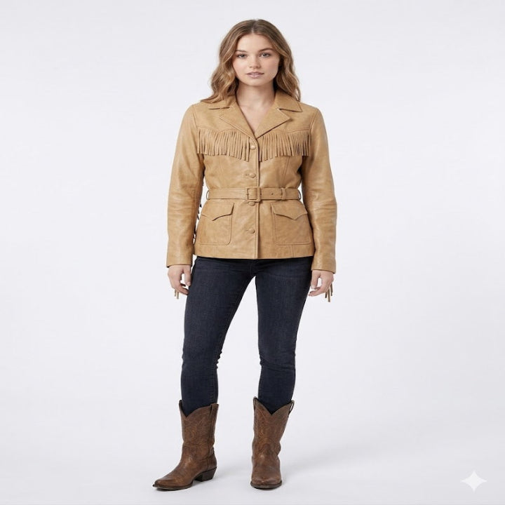 Western Fringe Tan Leather Jacket – Cowboy Style Belted Coat