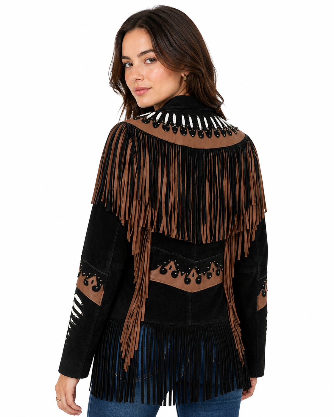 Women Western Suede Fringe Jacket Beaded Bone Detail Cowgirl Leather Coat