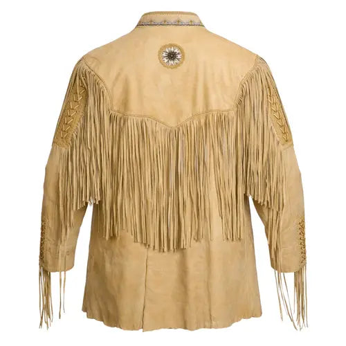 Men’s Western Suede Jacket – Beaded Fringe Cowboy A-Line Coat