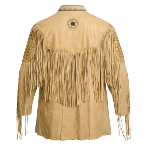 Men’s Western Suede Jacket – Beaded Fringe Cowboy A-Line Coat