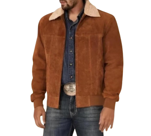  Western Suede Jacket Faux Shearling Collar Cowboy Style Leather Coat UK