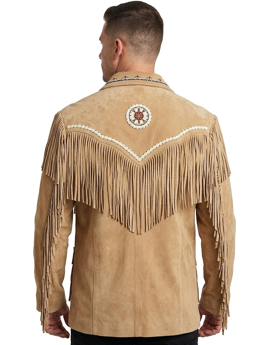 Men’s Western Suede Leather Jacket – Beaded Fringe Stand Collar Style