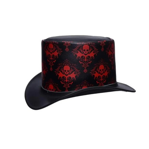 Handmade Black Cowhide Top Hat Red Skull Gothic Steampunk Biker Festival Cosplay Unisex