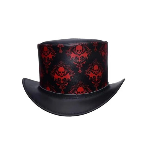 Handmade Black Cowhide Top Hat Red Skull Gothic Steampunk Biker Festival Cosplay Unisex