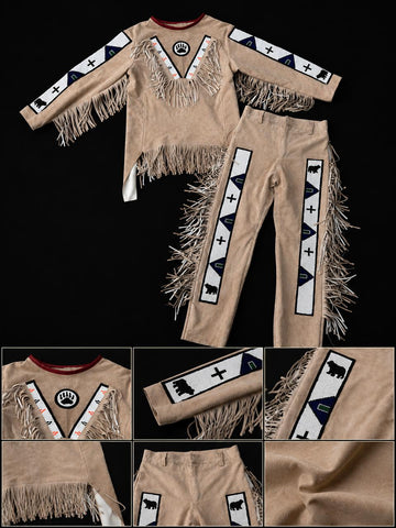 Men’s Suede Frontier Outfit  Two Piece Western Fringe Shirt and Pants Set with Beaded Style Geometric Panels