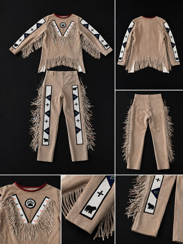 Men’s Suede Frontier Outfit  Two Piece Western Fringe Shirt and Pants Set with Beaded Style Geometric Panels