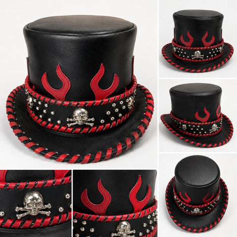 Black Leather Top Hat Red Flame Skull Gothic Steampunk Biker Festival Hat