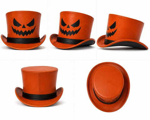 Orange Halloween Leather Top Hat – Spooky Jack O'Lantern Pumpkin Face Design For Costumes, Cosplay, And Party Apparel