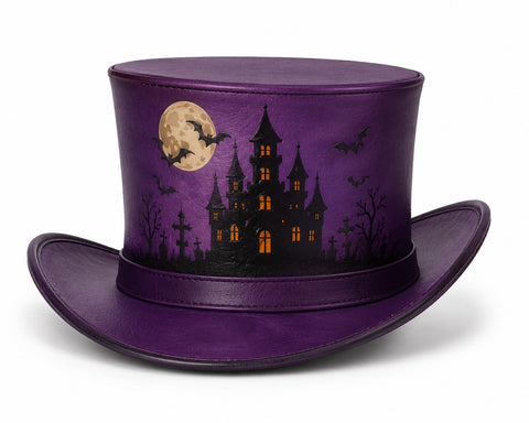 Halloween Leather Top Hat – Spooky Haunted Castle, Full Moon, And Bats Design For Costumes, Cosplay, And Party Apparel