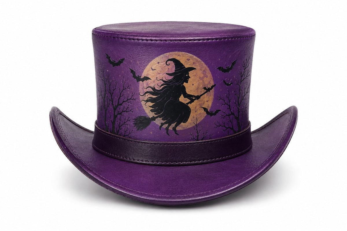 Purple Halloween Leather Top Hat – Spooky Flying Witch, Full Moon, And Bats Design For Costumes, Cosplay, And Party Apparel