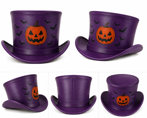 Purple Halloween Leather Top Hat – Spooky Pumpkin And Bats Design For Costumes, Cosplay, And Party Apparel