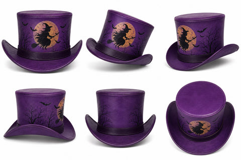 Purple Halloween Leather Top Hat – Spooky Flying Witch, Full Moon, And Bats Design For Costumes, Cosplay, And Party Apparel