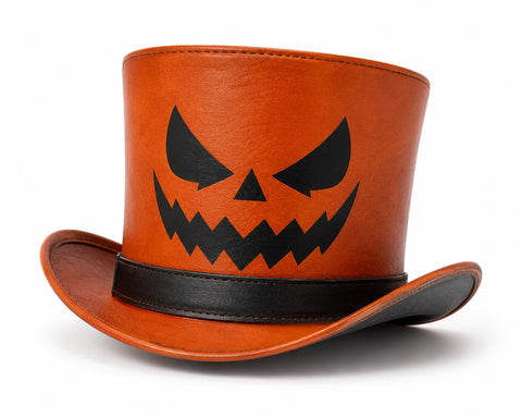 Orange Halloween Leather Top Hat – Spooky Jack O'Lantern Pumpkin Face Design For Costumes, Cosplay, And Party Apparel