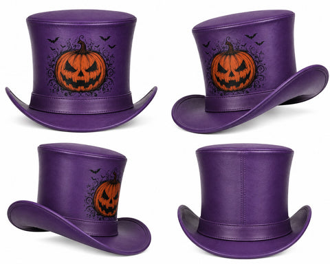 Purple Halloween Leather Top Hat - Spooky Jack O'Lantern Pumpkin & Bats Costume