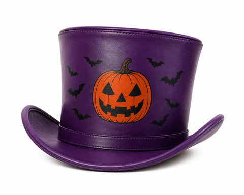 Purple Halloween Leather Top Hat – Spooky Pumpkin And Bats Design For Costumes, Cosplay, And Party Apparel
