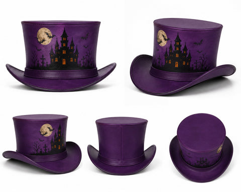 Halloween Leather Top Hat – Spooky Haunted Castle, Full Moon, And Bats Design For Costumes, Cosplay, And Party Apparel