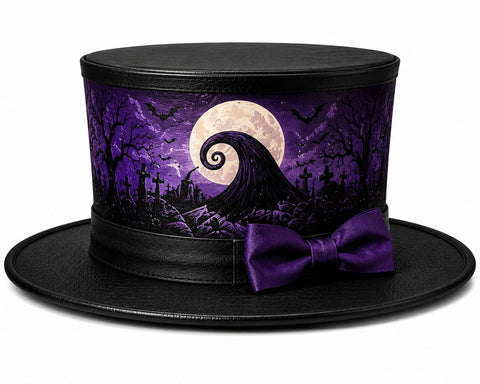 Purple Halloween Leather Top Hat - Spooky Spiral Hill Graveyard Costume Hat