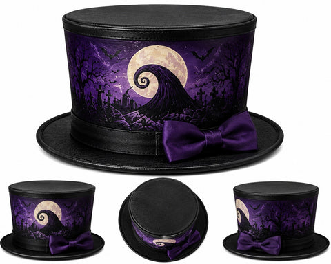 Purple Halloween Leather Top Hat - Spooky Spiral Hill Graveyard Costume Hat