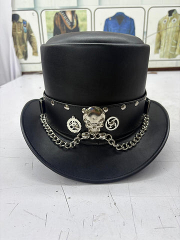 Steampunk Skull and Gear Leather Top Hat - Black Metal Chain Gothic Hat