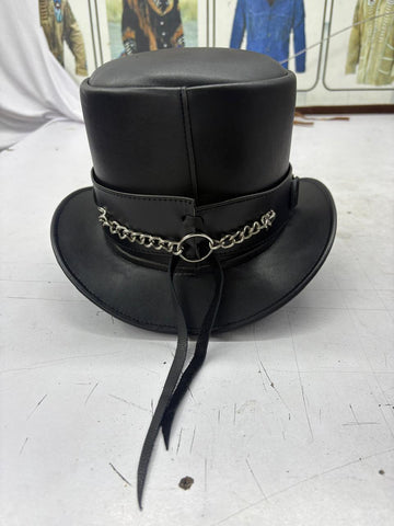 Steampunk Skull and Gear Leather Top Hat - Black Metal Chain Gothic Hat