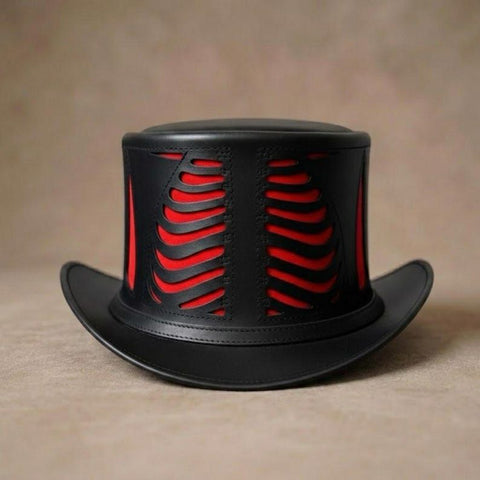 Black and Red Skeleton Rib Cage Leather Top Hat - Gothic Halloween Costume  Hat
