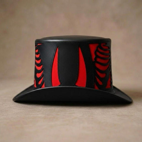 Black and Red Skeleton Rib Cage Leather Top Hat - Gothic Halloween Costume  Hat