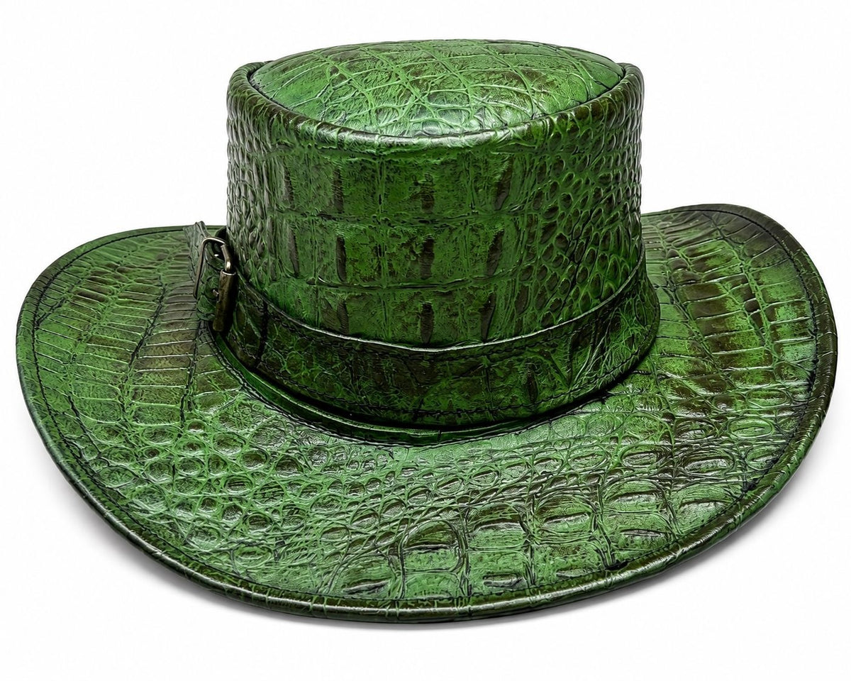 Green Crocodile Embossed Leather Top Hat - Steampunk Gothic Costume Hat
