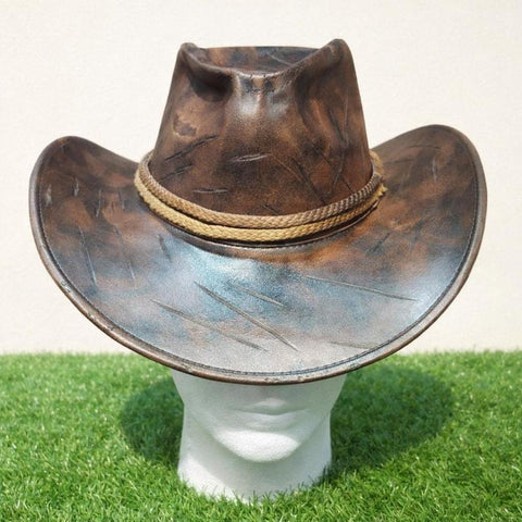 Distressed Brown Leather Cowboy Hat - Western Outlaw Hat with Braided Rope Band