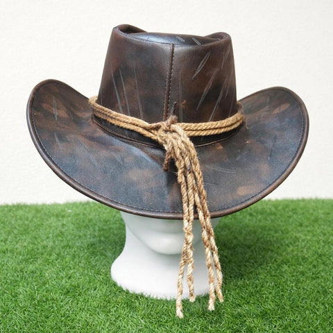 Distressed Brown Leather Cowboy Hat - Western Outlaw Hat with Braided Rope Band