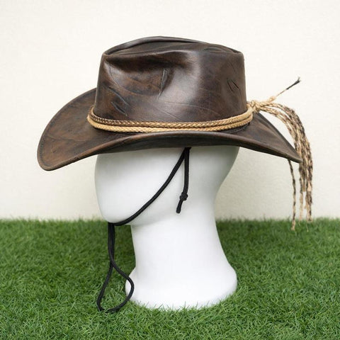 Distressed Brown Leather Cowboy Hat - Western Outlaw Hat with Braided Rope Band