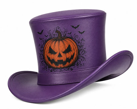 Purple Halloween Leather Top Hat - Spooky Jack O'Lantern Pumpkin & Bats Costume
