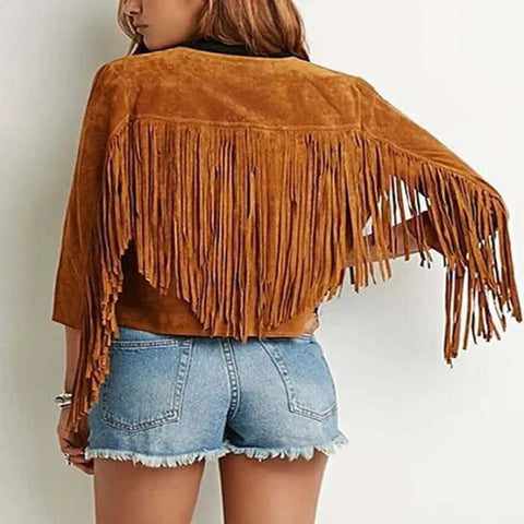 Wild West Fringed Suede Crop Jacket – Boho Cowgirl Open Front Cardigan