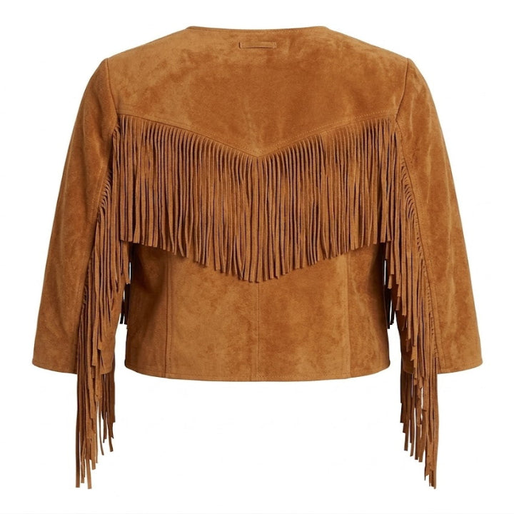 Wild West Fringed Suede Crop Jacket – Boho Cowgirl Open Front Cardigan